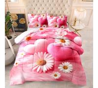 Couette 1 Personne Fleur De Cœur Rose Edredon Douce et Respirante Polyester sans Housse Housse Couette 1 Personne avec 2 Taies d'oreiller 50x75 cm Duvet 4 Saisons 172x218 cm