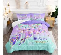 Couette 1 Personne Licorne Vert Violet Edredon Douce et Respirante Polyester sans Housse Housse Couette 1 Personne avec 2 Taies d'oreiller 50x75 cm Duvet 4 Saisons 172x218 cm