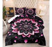 Couette 1 Personne Mandala Noir Rose Edredon Polyester Duvet Respirante Epaisse Legere Couette Hiver Ete 4 Saisons Edredon Duvet Lavable Édredon+2 Taies d'oreiller(50x75cm) 173x229cm