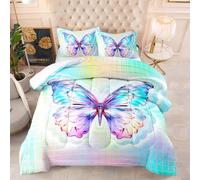 Couette 1 Personne Papillon Bleu Rose Edredon Douce et Respirante Polyester pour Enfant Adultes sans Housse Housse Couette 1 Personne avec 2 Taies d'oreiller 50x75 cm 172x218 cm