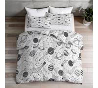 Couette 135 x 200 cm 4 Saisons Illustration Vintage, Vaisseau Spatial Nébuleuse Espace Dessin Animé Couette Légère et Chaude Imprimée Réversible, Noir Blanc Chambre Édredon sans Housse