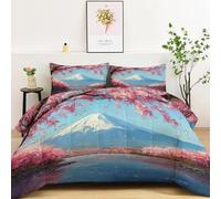 Couette 135 x 200 cm Enfant, Style Japonais Duvet 4 Saisons - Réversible Rose Lavable Decoration Chambre pour Adulte, Paysages Naturels Cerisiers Japon Mont Fuji Imprimée et 65x65 cm