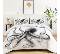 Couette 135 x 200 cm Imprimée Animaux Marins - 4 Saisons Gris Décoration Minimaliste Animal Pieuvre Réversible Duvet Douce et Chaude avec 2 Taie d'Oreillers, Microfibre Lavable Couette