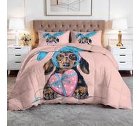 Couette 135 x 200 cm Imprimée Dessin animé Drôle Animaux Teckel, Couette 4 Saisons sans Housse Lavable pour Enfants Filles Femmes, Édredon en Microfibre pour 1 Personne, Léger Réversible, Rose poudré