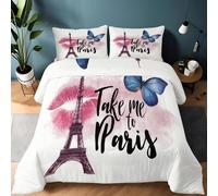 Couette 135x200 Tour Eiffel Papillon Insecte, Couette Réversible Imprimée Blanc pour 1 Personnes, Duvet 4 Saisons Legere Respirant sans Housse + 2 Taies d'oreiller 65x65 - Lavable en Machine