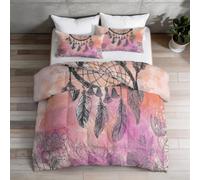 Couette 140 x 200 cm 3 Pièces, Aquarelle Attrape-Rêves Plumes Fleurs Feuilles Imprimée Couettes Matelassée Lit pour Enfant, Rêve Lavable en Machine Microfibre Douce et Couette en Duvet, Multicolore