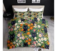 Couette 140 x 200 cm 4 Saisons, Couette Imprimée Champêtre Mignon | Animal Chat Fleurs Herbes Sauvages Réversible Couette pour Lit 2 Personnes - Édredon Sans Housse et 2 Taie d'oreiller