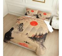 Couette 140 x 200 cm Fleurs de Cerisier sur Les Montagnes 3D Imprimée Noir 4 Saisons pour Lit 1 Personne, Couette Légère avec 2 Taies d’Oreiller 65x65 cm