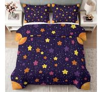 Couette 140 x 200 cm Imprimée Réversible Dessin Animé Espace 1 Personne | 4 Saisons Couette sans Housse avec 2 Taies d'oreiller, Étoiles Violet Édredon pour Enfants Ados Adultes