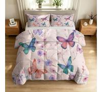 Couette 140 x 200 cm Lit 1 Personne, Édredon Aquarelle Fleurs, Couette Matelassée Réversible 220 GSM en Coton Lavé, Animal Papillon Fleurs Sauvages Feuilles Vertes Parure de Lit pour Enfants Adultes