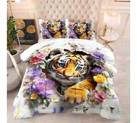 Couette 140X200 4 Saisons Fleur De Tigre Imprimée 3D, Rembourrage 200Gsm en Microfibre Respirante, Style Moderne, Lavable en Machine avec 2 Taies D’Oreiller 50X75
