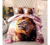 Couette 140X200 4 Saisons Lion Fleurs De Cerisier Imprimée 3D, Rembourrage 200Gsm en Microfibre Respirante, Style Moderne, Lavable en Machine avec 2 Taies D’Oreiller 50X75