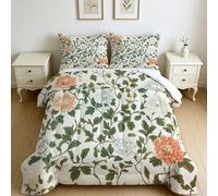 Couette 140x200 cm 4 Saisons Fleurs et Feuilles 1 Personne Vert Édredon Imprimé avec 2 Taies d’Oreiller, Décoration Chambre Lavable