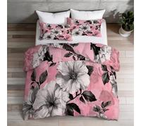 Couette 140x200 cm Imprimée Fleurs Feuilles Textures - Peint Réversible Toutes Saisons avec 2 Taie d'oreiller 65x65 cm - 1 Personne, Lavable en Machine, Noir et Blanc Rose