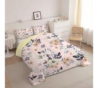 Couette 140x200 cm Motif Botanique - Couette Réversible sans Housse Imprimée Fleurs Edredon 1 Personne Lavable en Machine et 2 Taies d'oreiller - Marron J77