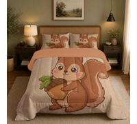 Couette 140X200Cm 4 Saisons Brun, Couette Légère Microfibre Pour 1 Personnes Illustrations D'Écureuils Mignons, Hypoallergénique Edredon Chaude Imprimée Animaux Forêt Dessin Animé Garnissage 200G/M²