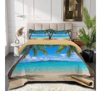 Couette 140x200cm 4 Saisons, Paysage D'Île Tropicale Douce Microfibre | Couette Réversible pour lit 1 Personne Plage De Coconut Tree, Légère et Lavable, sans Houss avec 1 Taies d'Oreiller, Lac Bleu