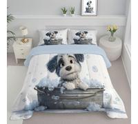 Couette 140x200cm Blanc Couette 4 Saisons en Microfibre 1 Personne avec Motif Baignoire Chien Mignon Imprimée Dessins Animés Animaux Couettes sans Housse, Lavable Machine et 1 Taie d'oreiller