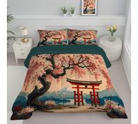 Couette 140x200cm Bleu Rose Couette 4 Saisons en Microfibre 1 Personne avec Fleurs Cerisier Roses Paysage Montagne Style Artistique Japonais Couettes sans Housse, Lavable Machine et Taie d'oreiller