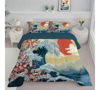 Couette 140x200cm - Couette Imprimée Vagues Fleurs Cerisier Soleil - Couettes 4 Saisons Style Japonais Avec Motifs - Couettes Réversible 1 Personnes Édredon Lavable et Taies d'oreiller 65x65 - Bleu
