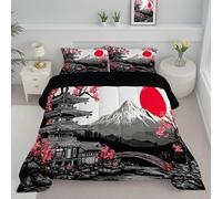 Couette 140x200cm Fleurs Cerisier Mont Fuji Motif Soleil Rouge Couette Réversible 4 Saisons,Style Peinture À L'Encre Noir Edredon Legere, Edredon Sans Houss Douce Microfibre Avec Taies D'Oreiller