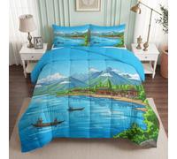 Couette 155 x 220 cm Imprimée vacances sur une île pour Enfants - 4 Saisons | Reversible Hiver avec Côte orientale - Édredon 2 Personne Lavable en Machine et Taie d'oreiller - élément aquatique
