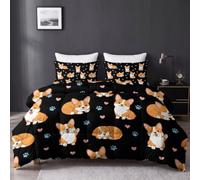 Couette 155 x 220 cm Noir Enfant Decoration Couette 4 Saisons, Cartoon Cœur Animal Corgi Tempérée Couette sans Housse, Mignon Chien Edredon Anti Allergie pour Lit 2 Personne Microfibre
