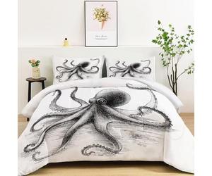 Couette 173 x 229 cm Imprimée Animaux Marins - 4 Saisons Gris Décoration Minimaliste Animal Pieuvre Réversible Duvet Douce et Chaude avec 2 Taie d'Oreillers, Microfibre Lavable Couette