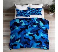 Couette 180 x 200 cm 4 Saisons, Abstrait Réversible Edredon Lavable en Machine avec 2 Taie d'oreiller, Hypoallergénique Couette Imprimée Armée Camouflage pour Enfants et Adultes, Bleu