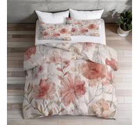 Couette 180 x 200 cm 4 Saisons, Fleurs Réversible Edredon Lavable en Machine avec 2 Taie d'oreiller, Hypoallergénique Couette Imprimée Aquarelle Plantes Feuilles pour Enfants Adultes, Couleur Claire