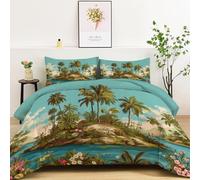 Couette 180 x 200 cm Îles Tropicales Palmiers Rivières Couette Couverture Respirante et Super Douce pour 4 Saisons avec 2 Taies d'oreiller, Couture en U Premium, pour Suite Matrimoniale, Bleu