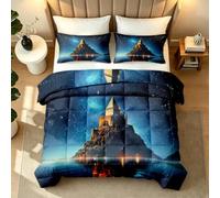Couette 180x200 4 Saisons Océan Château Couette Imprimée Réversible Ciel étoilé Architecture Sans Housse Duvet 1 Personne Édredon legere Chaude Lavable en Machine et 2 Taies d'oreiller1y1477