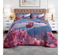Couette 200 x 200 cm 4 Saisons, Couette sans Housse Réversible Imprimée Traditionnel Animaux Floral Papillon, Édredon pour Femmes Amoureux De La Nature Filles Lavable Rose et 2 Taie d'oreiller