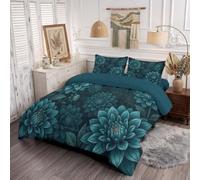 Couette 200 x 200 cm 4 Saisons Plantes et fleurs, Couette Imprimée Branches de Fleur Couettes 2 Personnes, Edredon Dahlia de luxe avec 2 Taie d'oreiller 65x65, Réversible Couettes sans Housse
