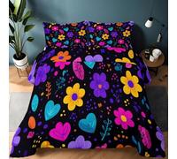 Couette 200 x 200 cm Couette imprimée Motifs Amusants Floraux Et De Dessins Animés 3 Pièces - Édredon et 2 Taies d'oreiller - Édredon Toutes Saisons Lavable en Machine Pour Garçons et filles, Violet