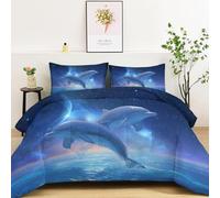 Couette 200 x 200 cm Imprimée Dessin Animé Univers Espace Dauphin, Bleu Violet Réversible Douce Parure de Lit avec 2 Taies d'oreiller 65x65 cm, Lavable en Machine Couette 4 Saisons sans Housse