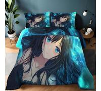 Couette 200 x 200 cm Imprimée Style Anime Eau Filles, Bleu Réversible Douce Parure de Lit avec 2 Taies d'oreiller 65x65 cm, Lavable en Machine Couette 4 Saisons sans Housse