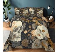 Couette 200 x 200 cm Imprimée Style Gothique Plantes Papillons Crâne, Gris Foncé Réversible Douce Parure de Lit avec 2 Taies d'oreiller 65x65 cm, Lavable en Machine Couette 4 Saisons sans Housse