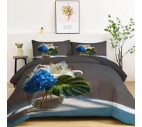 Couette 200 x 200 cm Simples Lys Feuilles Monstera Hortensias Couette Couverture Respirante et Super Douce pour 4 Saisons avec 2 Taies d'oreiller, Couture en U Premium, pour Suite Matrimoniale, Gris