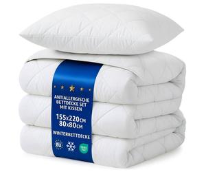 Couette 200x155 cm - edredon hiver Parure: Couette Blanche en Microfibre 155 x 220 cm avec Oreiller 80X80 cm Oeko-Tex