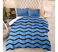 Couette 200x200 Bande Bleue Noire Edredon Microfibres Couette Epaisse Hiver Chaude Edredon Duvet 4 Saisons Couettes Lavable Duvet Respirable Léger Édredon+2 Taies d'oreiller(50x75cm)