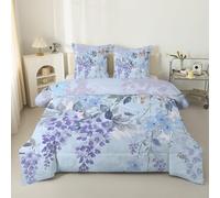 Couette 200x200 cm Feuilles vertes - Couette Imprimée 200x220 Tempérée 4 Saisons Réversible Légère, Sans Housse Double face Fleurs violettes - Edredon Duvet 2 Personnes avec 2 Taies d'Oreiller S233