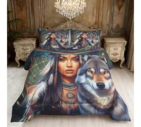 Couette 200x200 Imprimée Loup Amérindien, 4 Saisons, Couette 2 Personnes Réversible Motif Attrape-Rêves Indiens, 2 Taies d'oreiller 65x65, Decoration Chambre, Ultra Douce BZ-L1041