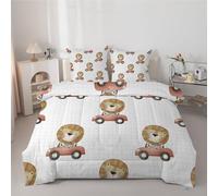 Couette 200x200 sans Housse Lion et Voiture - Duvet 2 Personnes, Couette Imprimée Motif Quadrillé, Légère 4 Saisons, Anti acariens, Lavable en Machine, Édredon avec 2 Taies 65x65 cm, Blanc