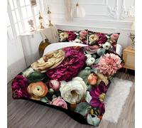 Couette 200x200cm 4 Saisons Couette Imprimée Fleurs Rétro Parure de lit Mur De Fleurs Romantique pour lit 2 Personnes Edredon Légère, sans Housse, avec 2 Taies d'oreiller 65x65 cm, Rouge Bourgogne