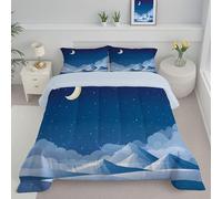 Couette 200X200Cm Montagnes Enneigées Imprimée Ciel Étoilé De Dessin Animé 4 Saisons pour Lit 2 Personnes, Edredon Réversible Légère Bleu Marine, sans Housse, avec Taies d'oreiller 65X65 Cm