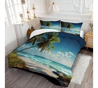 Couette 200x200cm pour lit 2 Personnes - Edredon Légère Imprimée Eaux Turquoises Édredon Super Douce Îles Tropicales avec Taies d'oreiller Chaud Légère Garnissage Toutes Les Saisons, Bleu-Vert