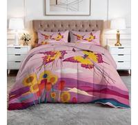 Couette 220 x 240 cm 4 Saisons, Couette sans Housse Réversible Imprimée Fantaisie Animaux Papillon Aquarelle, Édredon pour Filles Femmes Ados Lavable en Machine Rose et 2 Taie d'oreiller 65 x 65 cm
