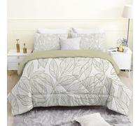 Couette 220 x 240 cm avec feuilles blanches et couette imprimée 4 saisons pour lit double, plantes vertes sauge Edredon, couette légère, réversible sans Houss et 2 taies d'oreiller 65 x 65 cm