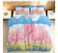 Couette 220 x 240 cm Ciel Bleu Nuage Blanc Arbre Cerisier, Couette Cartoon 2 Personnes 4 Saisons, Parure de Lit Réversible en Microfibre Douce Lavable en Machine avec 2 Taies d'Oreiller 65x65 cm